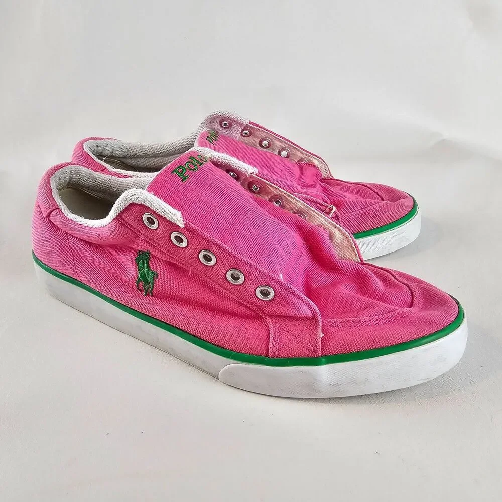 Polo Ralph Lauren Mens 7 Pink Canvas Slip On Sneakers Casual Pony Logo No Laces